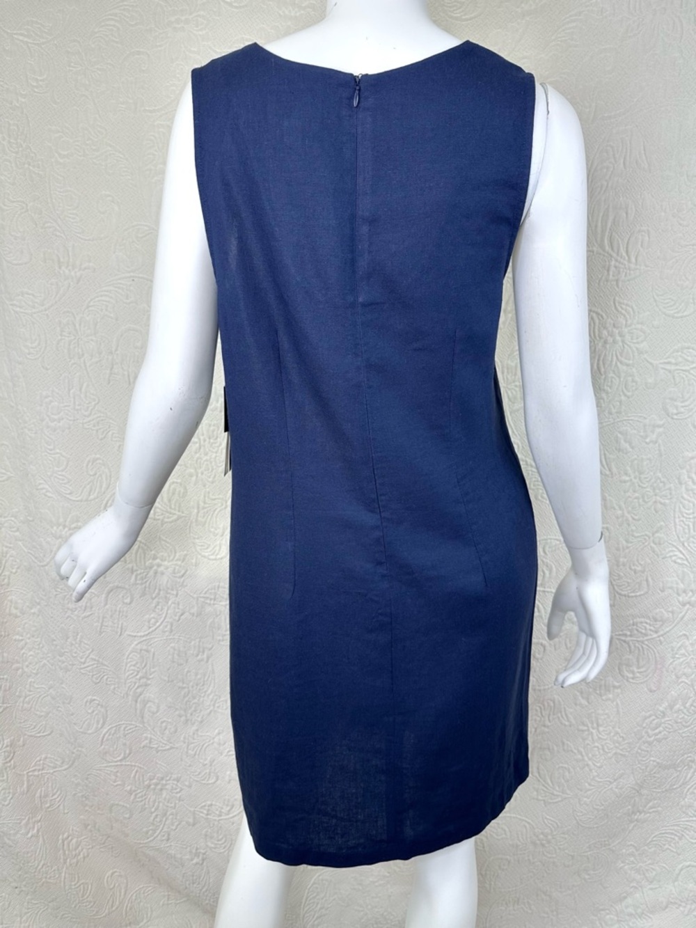 52Seven Navy Blue Linen Blend Sleeveless Dress White Crochet Trim - Picture 4 of 14